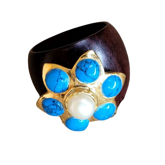 Vintage Mahogany Hardwood Wooden Shank Genuine Pearl, Faux Turquoise 80's Ring - Picture 6 of 9
